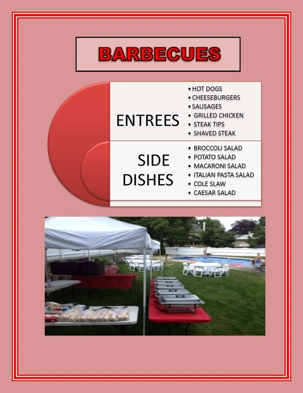 Printed TEE's Deli barbecue sheet listing entrées — hot dogs, cheeseburgers, sausages, grilled chicken, steak tips, shaved steak — and side dishes.