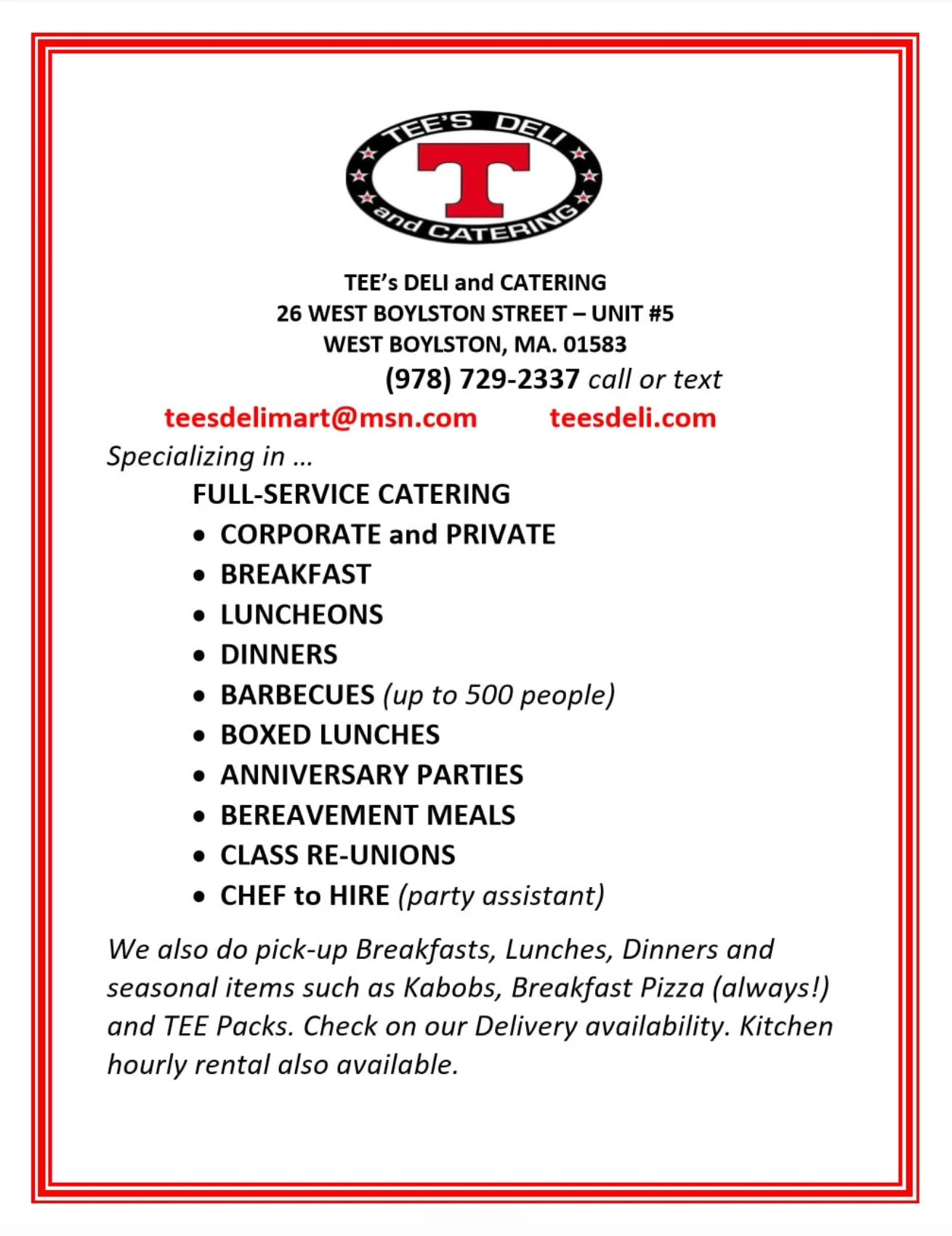 TEE's Deli & Catering services sheet: full-service catering for corporate and private events — breakfasts, luncheons, dinners, barbecues up to 500 people, boxed lunches, anniversary parties, bereavement meals, class reunions and chef-for-hire, plus pick-up breakfasts, lunches, dinners, kabobs, Breakfast Pizza and TEE Packs.